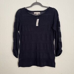 LOFT Navy Sheer Lightweight Sweater | Roll Tab Sleeve Minimalist Chic Casual Top